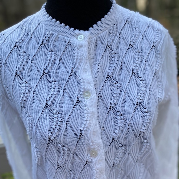 Vintage 60s White Cardigan Pointelle Sweater - Picture 4 of 8